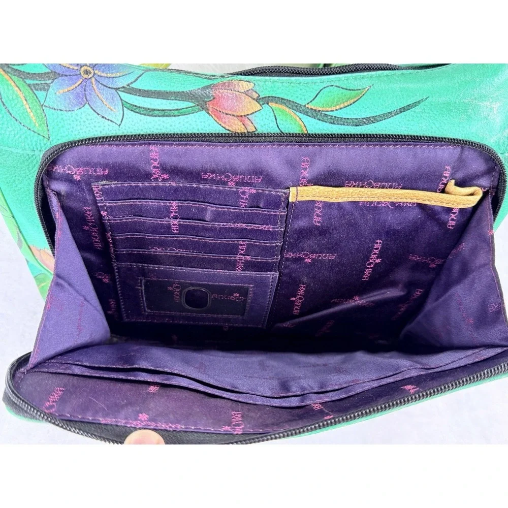 Anuschka‎ Hand Painted Green Leather Handbag Purse Birds Floral Organizer Art